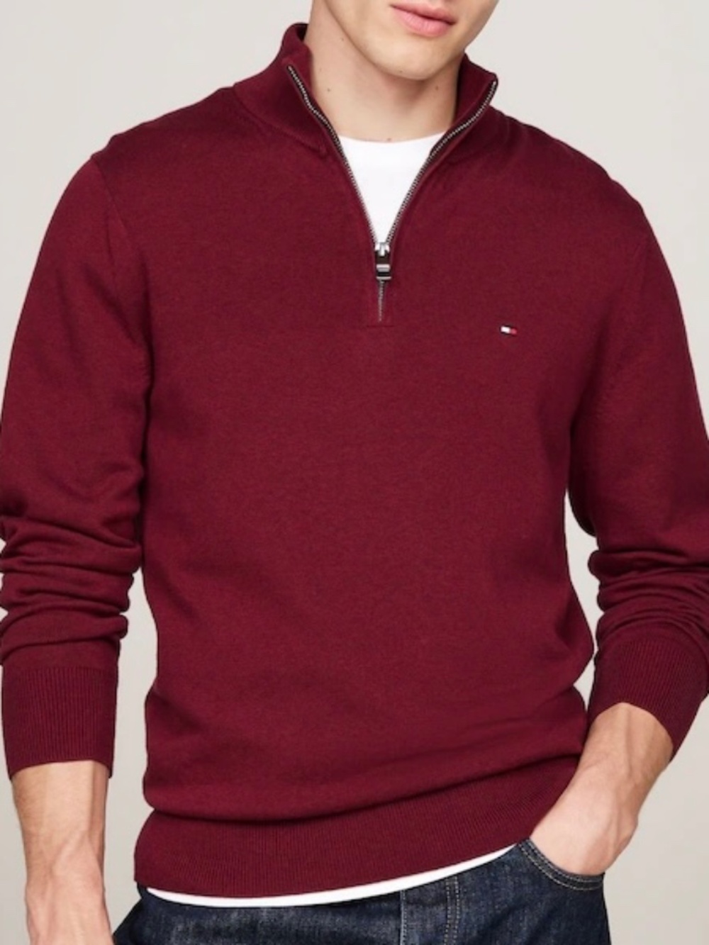 New Tommy Hilfiger Men’s Classic Quarter-Zip Sweater Burgundy Extra Small